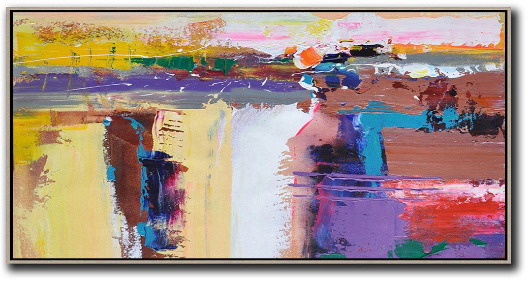 Large Abstract Art,Horizontal Palette Knife Contemporary Art Panoramic Canvas Painting,Big Art Canvas,Yellow,White,Brown,Purple.etc